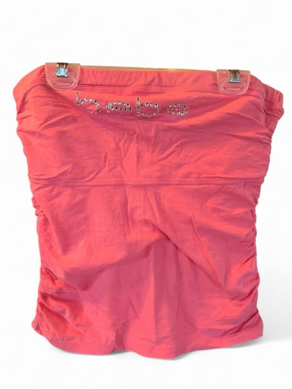 Vintage bebe Pink Strapless bedazzled Logo Crop Top